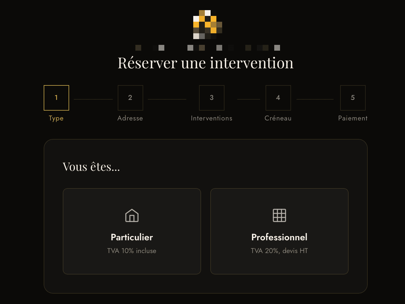 Étape de réservation : le client indique s'il est particulier ou professionnel.